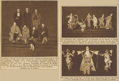 870247 Collage van 3 foto's betreffende de première van het maskerspel 'Nataraja' onder regie van Albert van Dalsem, in ...